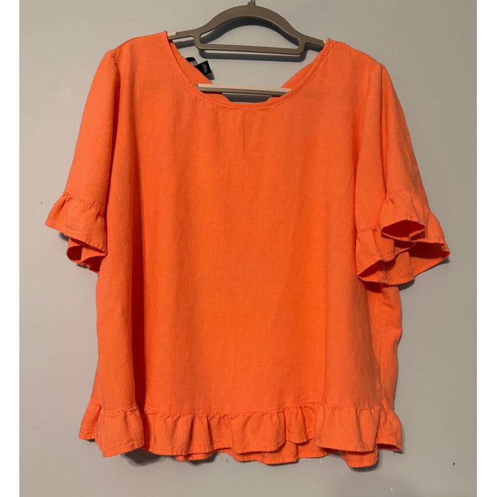AGB Woman's 2X Coral Orange Ruffle Hem Tie Back Linen Blend Blouse Top 2063
